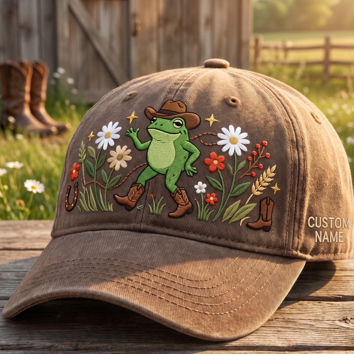 Personalized Cowboy Frog Wildflowers Daisy Western Boots Embroidered Hat — Washed Hat