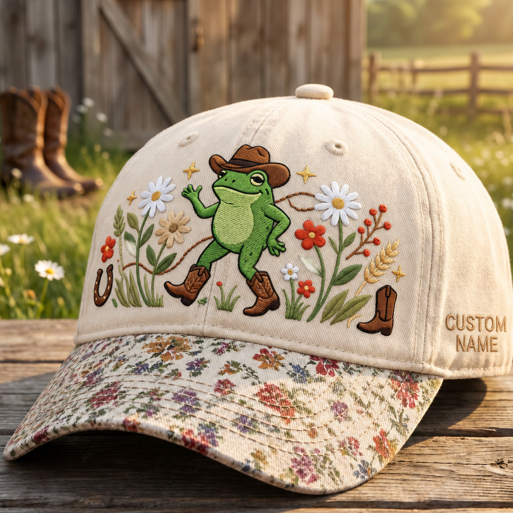 Personalized Cowboy Frog Wildflowers Daisy Western Boots Embroidered Floral & Leopard Brim Hat
