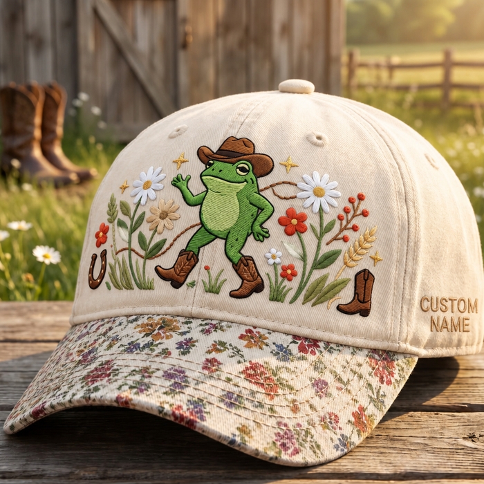 Personalized Cowboy Frog Wildflowers Daisy Western Boots Embroidered Floral & Leopard Brim Hat