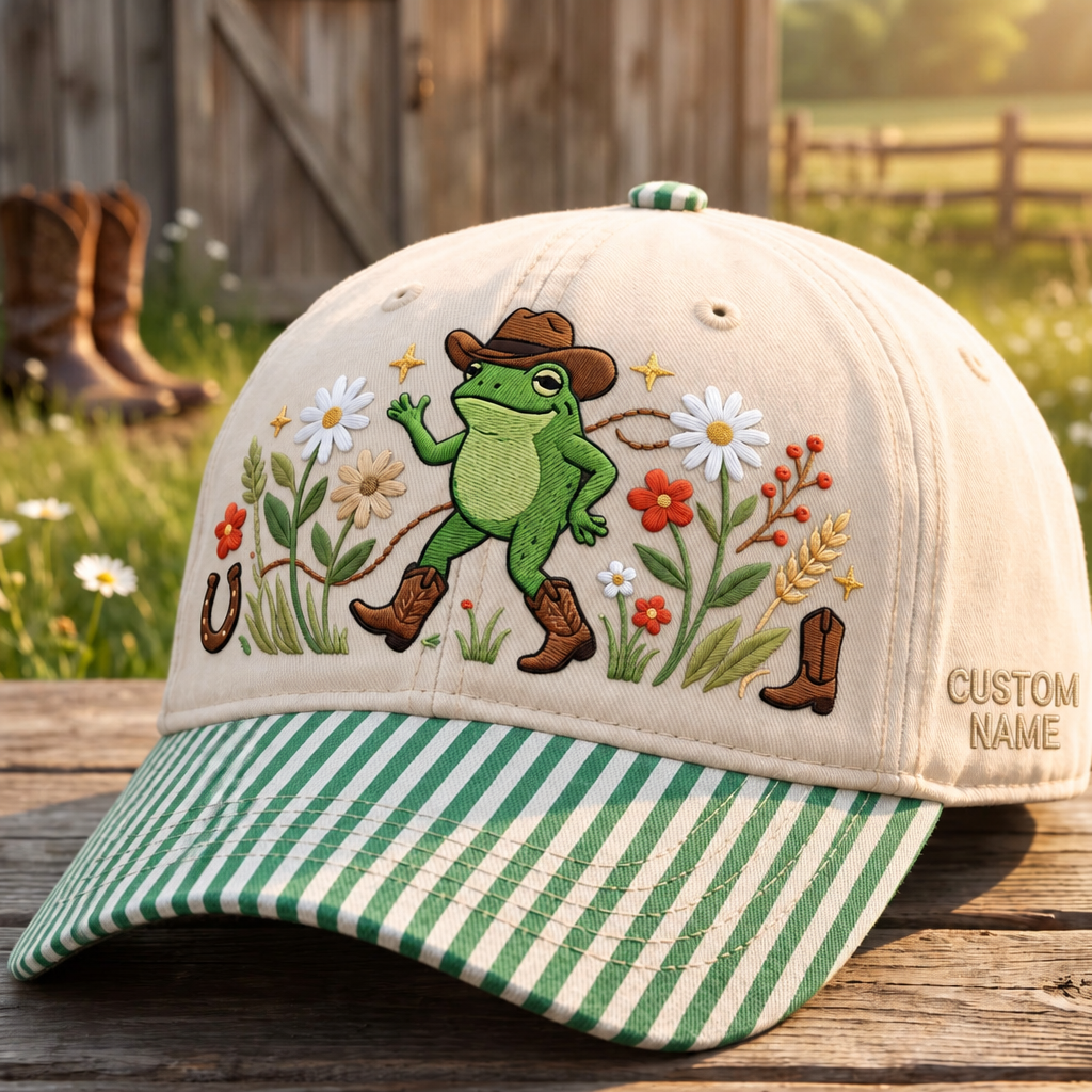 Personalized Cowboy Frog Wildflowers Daisy Western Boots Embroidered Gingham & Stripe Brim Hat