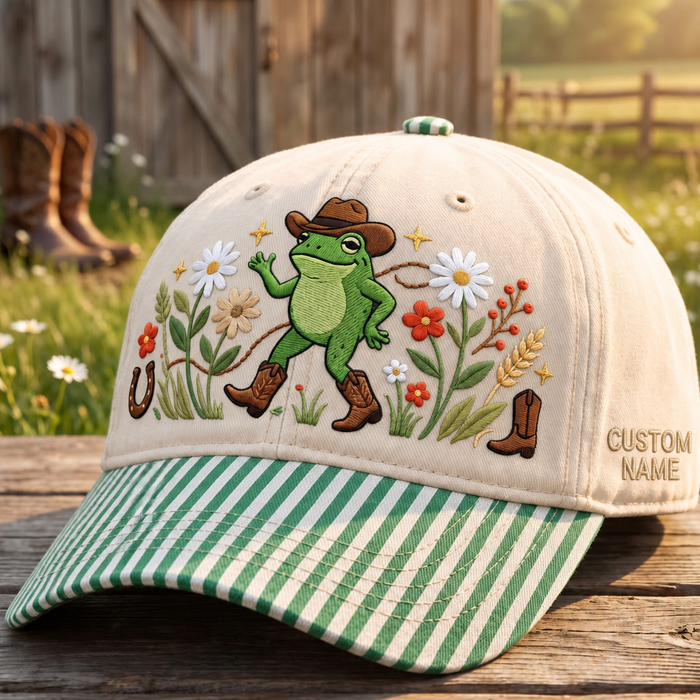 Personalized Cowboy Frog Wildflowers Daisy Western Boots Embroidered Gingham & Stripe Brim Hat
