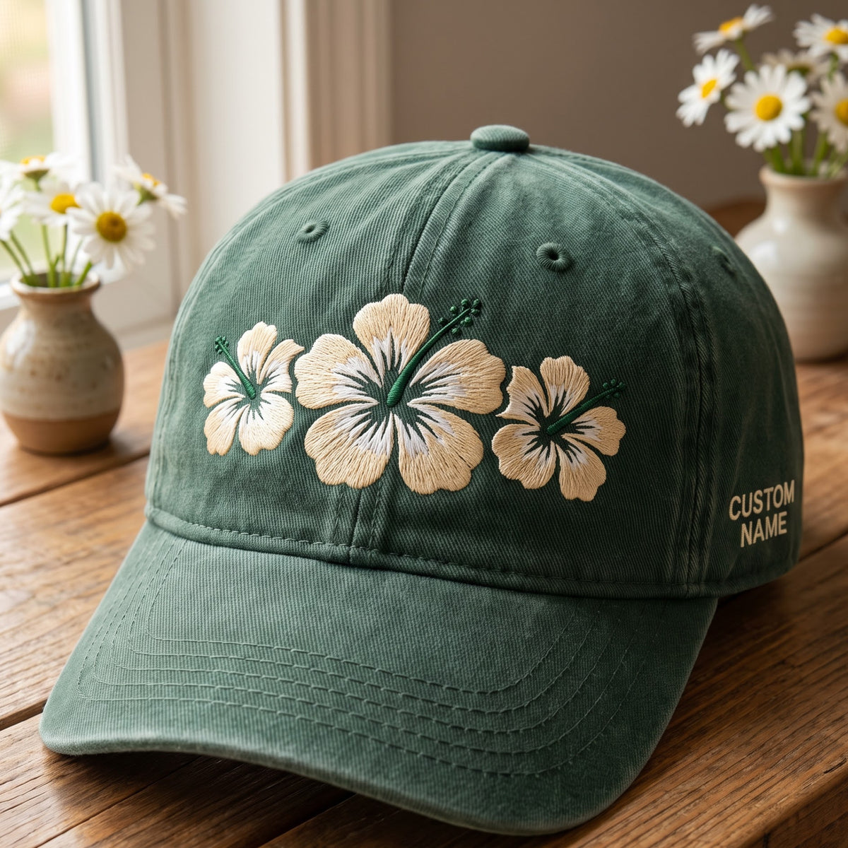 Personalized Three Hibiscus Flowers Tropical Floral Custom Name Embroidered Hat — Washed Hat