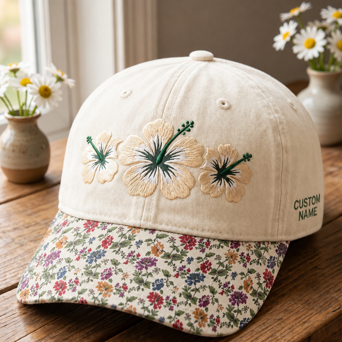 Personalized Three Hibiscus Flowers Tropical Floral Custom Name Embroidered Floral & Leopard Brim Hat