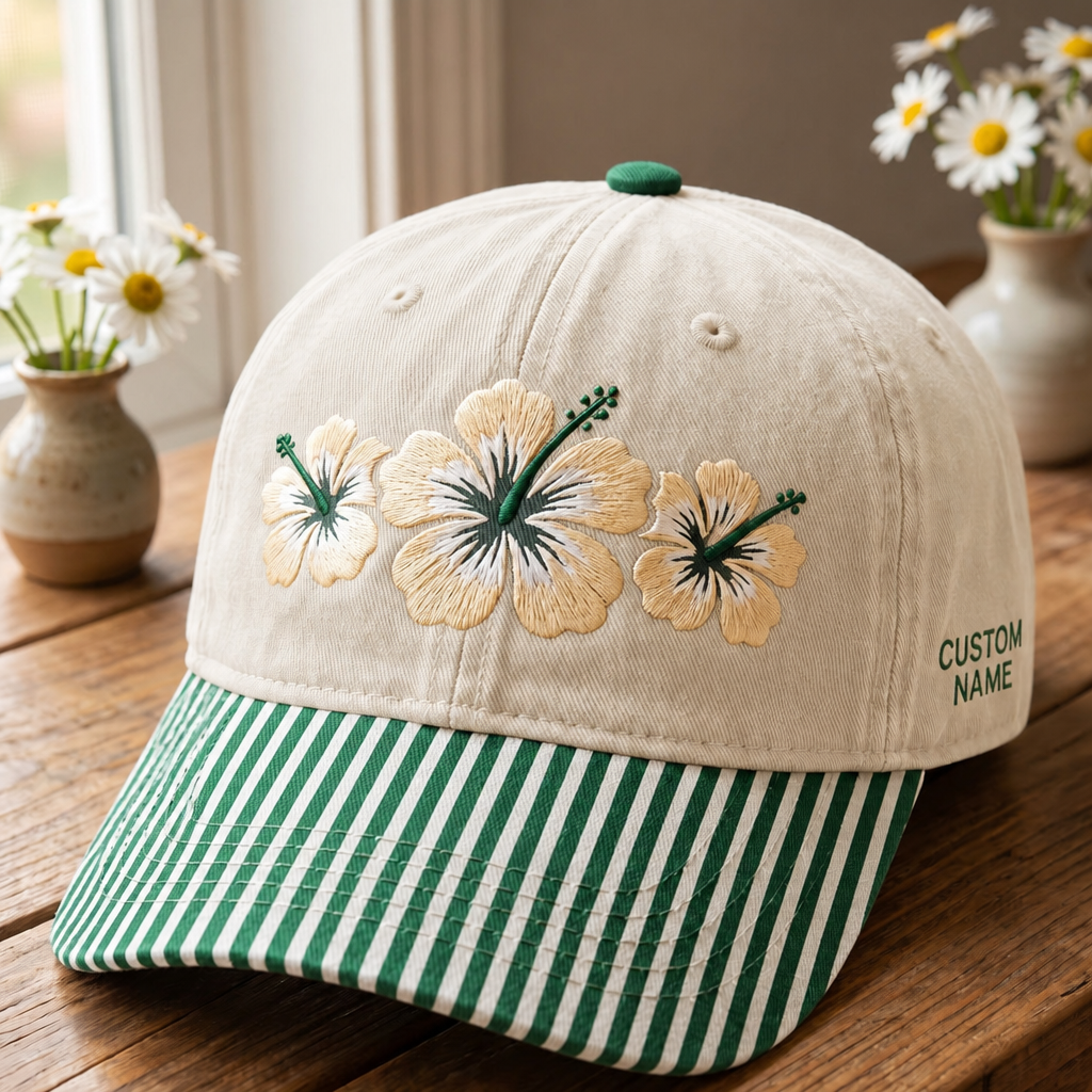 Personalized Three Hibiscus Flowers Tropical Floral Custom Name Embroidered Gingham & Stripe Brim Hat