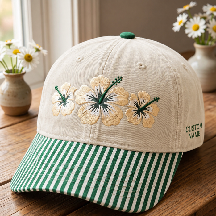 Personalized Three Hibiscus Flowers Tropical Floral Custom Name Embroidered Gingham & Stripe Brim Hat