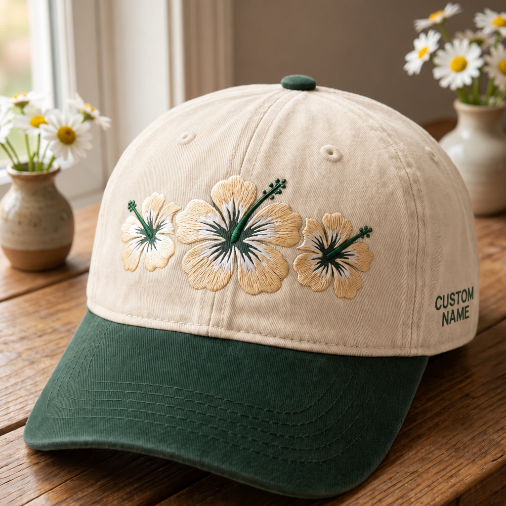 Personalized Three Hibiscus Flowers Tropical Floral Custom Name Embroidered Two-Tone Hat