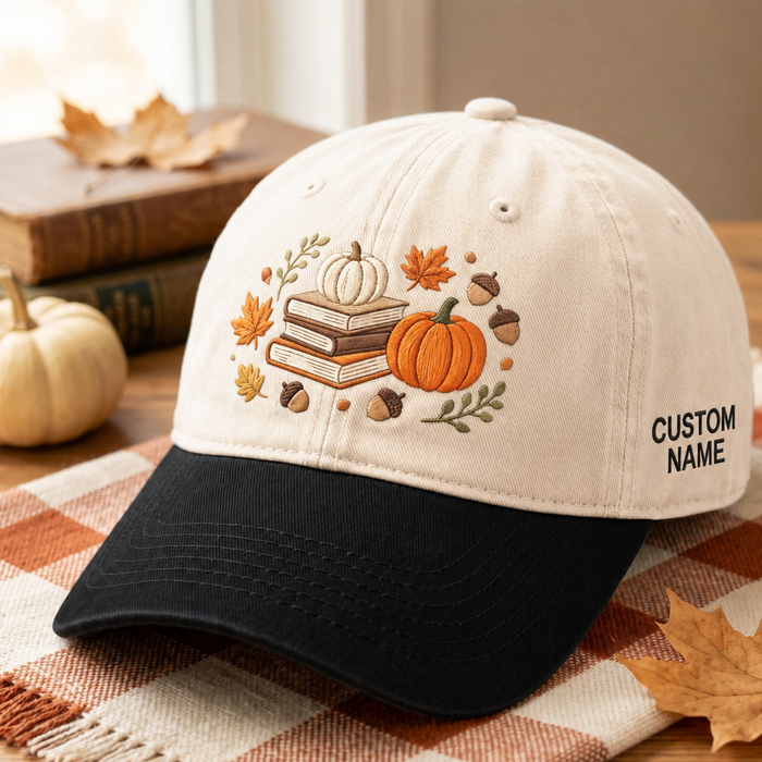 Personalized Fall Books Pumpkins Acorns Autumn Leaves Embroidered Two-Tone Hat
