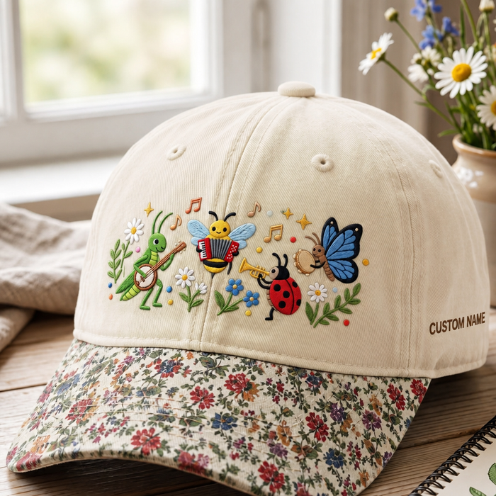 Personalized Bug Band Grasshopper Bee Ladybug Butterfly Music Notes Flowers Embroidered Floral & Leopard Brim Hat