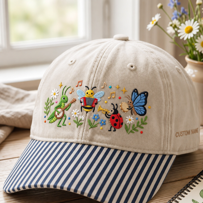 Personalized Bug Band Grasshopper Bee Ladybug Butterfly Music Notes Flowers Embroidered Gingham & Stripe Brim Hat