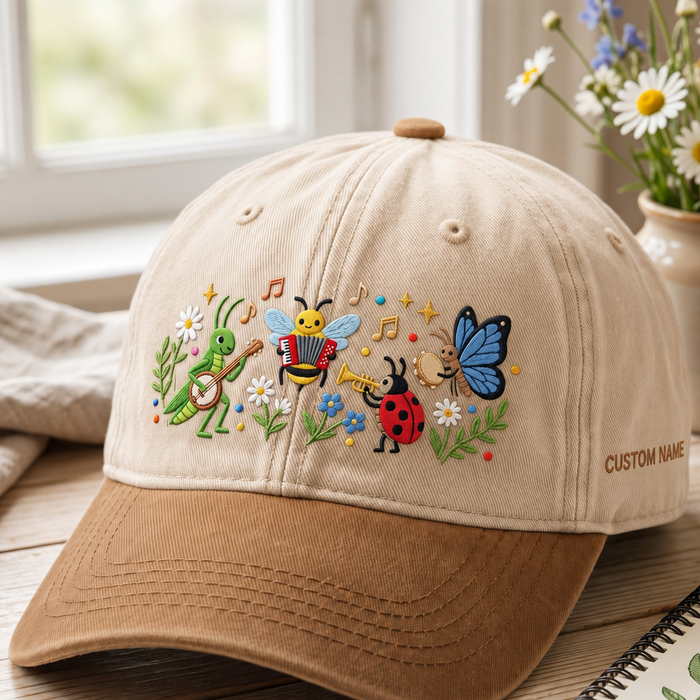 Personalized Bug Band Grasshopper Bee Ladybug Butterfly Music Notes Flowers Embroidered Two-Tone Hat