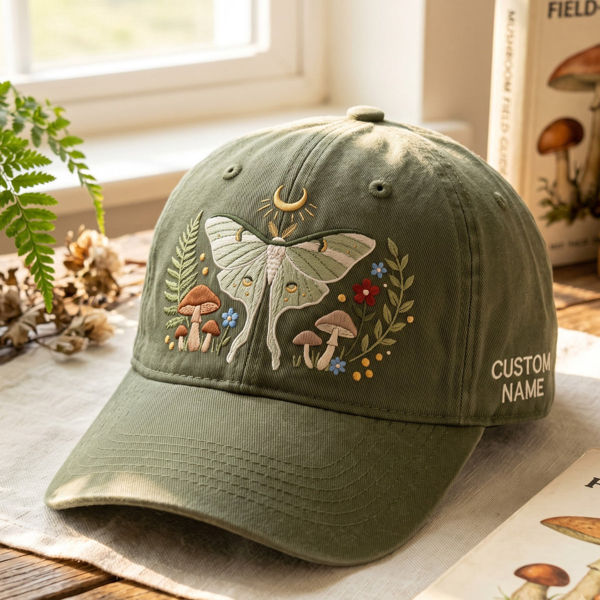 Personalized Luna Moth Mushroom Wildflower Crescent Moon Cottagecore Embroidered Hat — Washed Hat