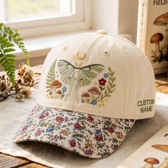 Personalized Luna Moth Mushroom Wildflower Crescent Moon Cottagecore Embroidered Floral & Leopard Brim Hat