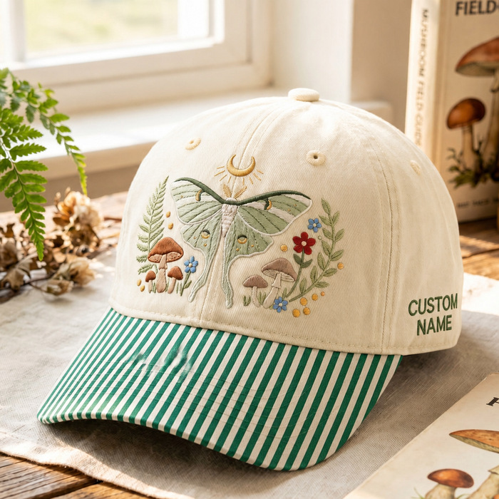 Personalized Luna Moth Mushroom Wildflower Crescent Moon Cottagecore Embroidered Gingham & Stripe Brim Hat