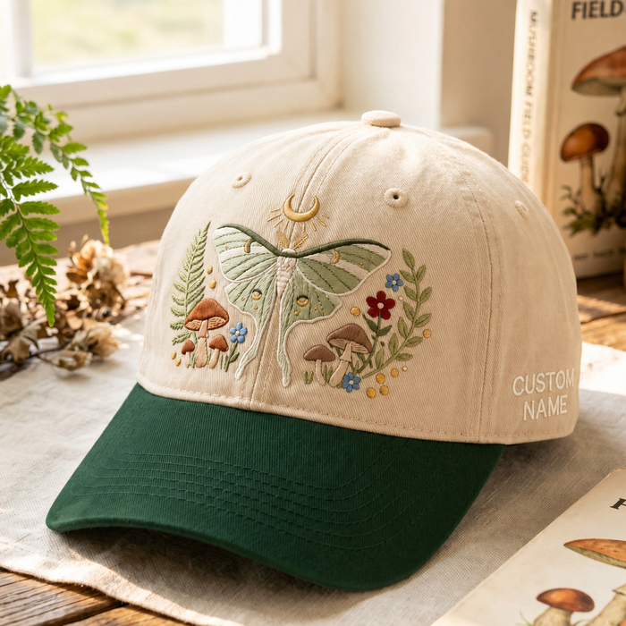Personalized Luna Moth Mushroom Wildflower Crescent Moon Cottagecore Embroidered Two-Tone Hat