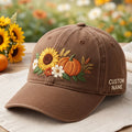 Personalized Fall Sunflower Pumpkin Wildflower Bouquet Embroidered Hat — Washed Hat