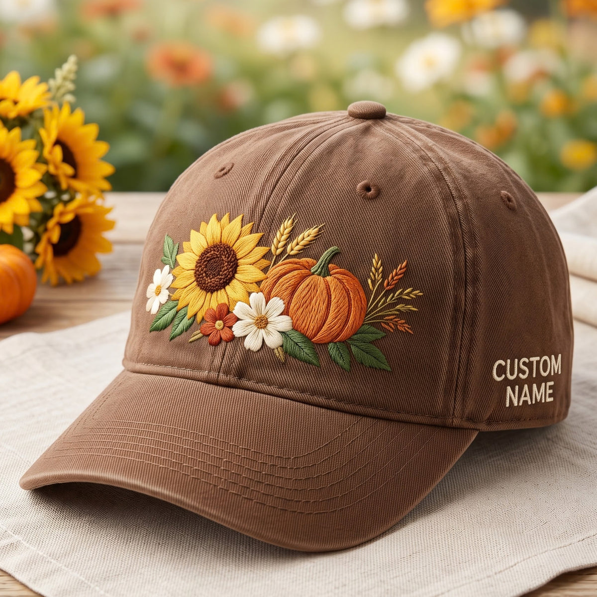 Personalized Fall Sunflower Pumpkin Wildflower Bouquet Embroidered Hat — Washed Hat
