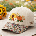 Personalized Fall Sunflower Pumpkin Wildflower Bouquet Embroidered Floral & Leopard Brim Hat