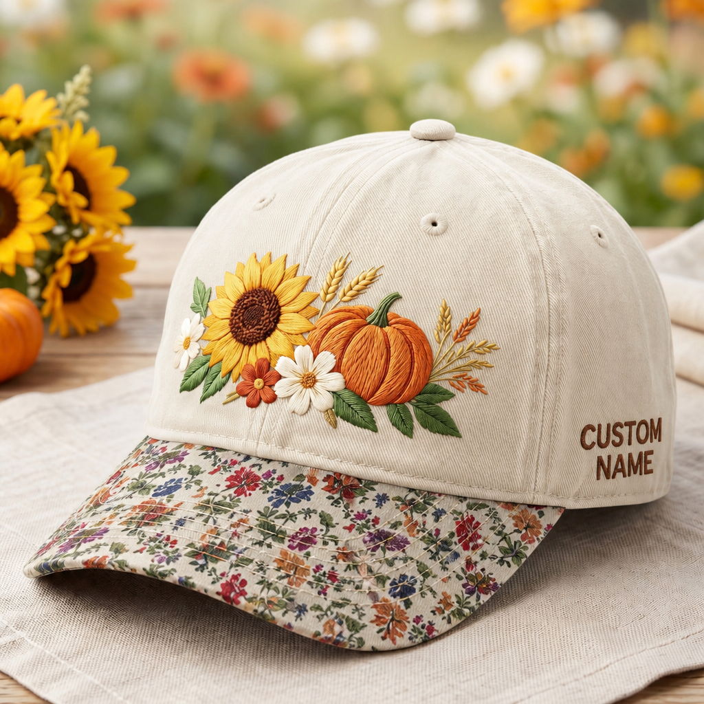 Personalized Fall Sunflower Pumpkin Wildflower Bouquet Embroidered Floral & Leopard Brim Hat