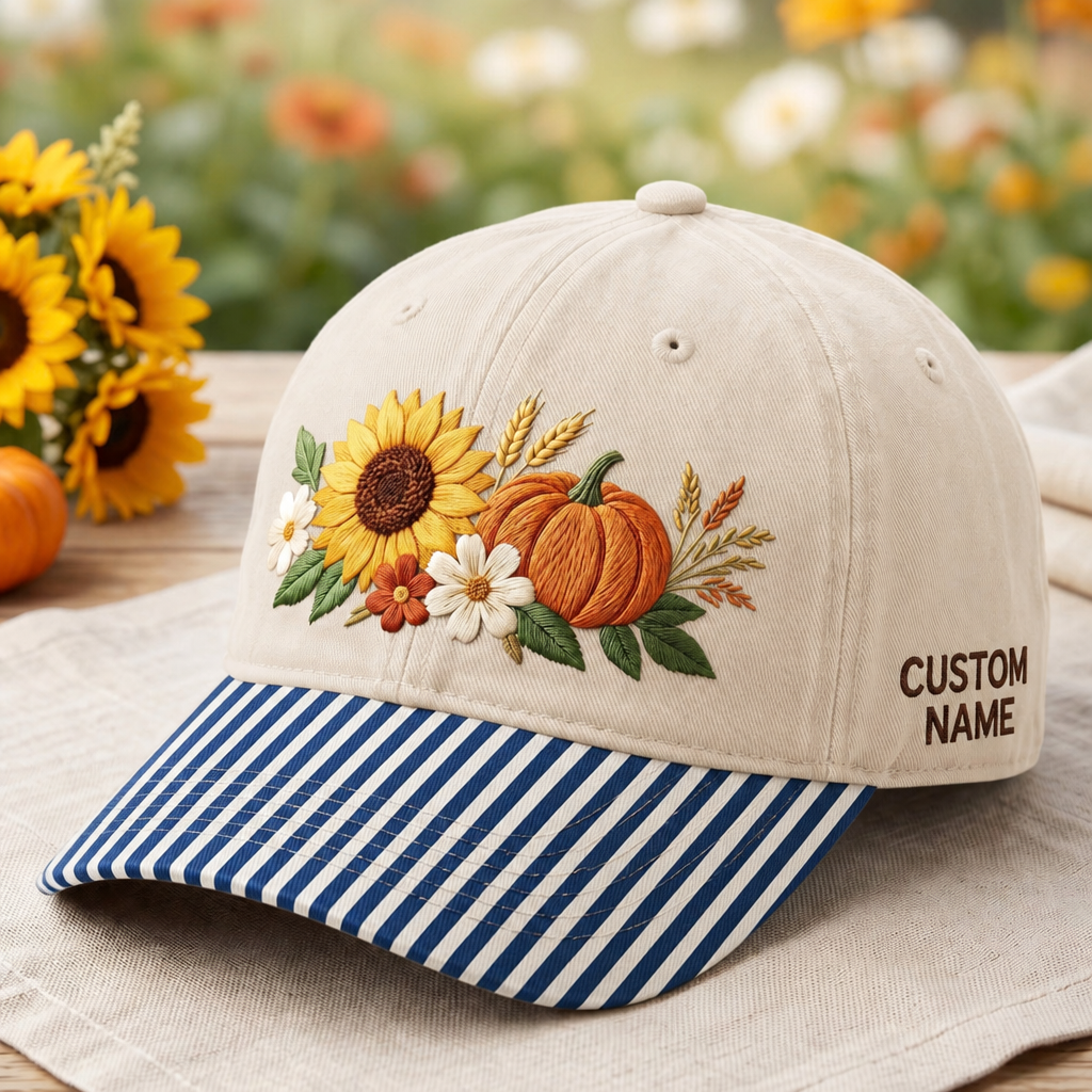 Personalized Fall Sunflower Pumpkin Wildflower Bouquet Embroidered Gingham & Stripe Brim Hat