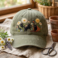Black Cats Garden Daisies Butterfly Terracotta Pot Embroidered Hat — Washed Hat