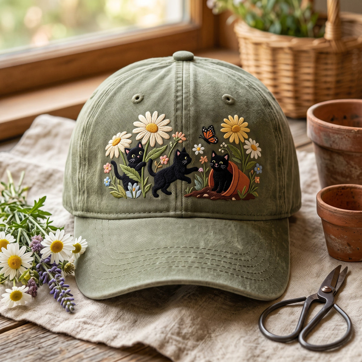 Black Cats Garden Daisies Butterfly Terracotta Pot Embroidered Hat — Washed Hat