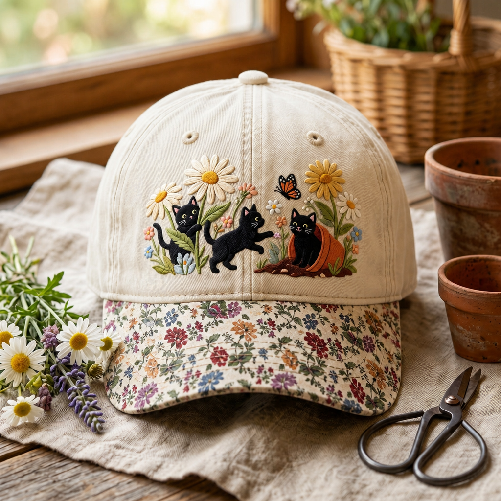 Black Cats Garden Daisies Butterfly Terracotta Pot Embroidered Floral & Leopard Brim Hat