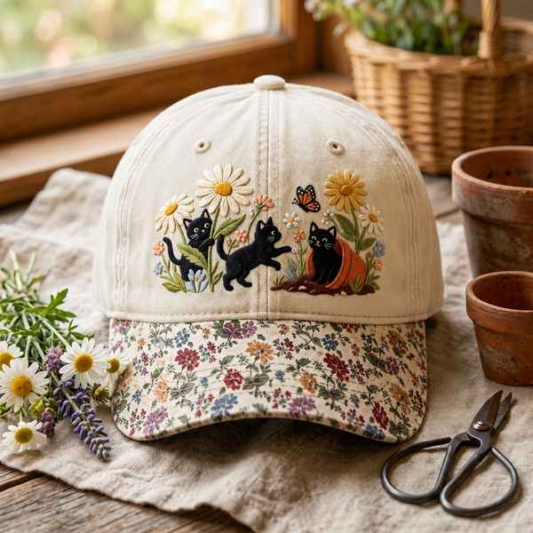 Black Cats Garden Daisies Butterfly Terracotta Pot Embroidered Floral & Leopard Brim Hat