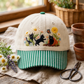 Black Cats Garden Daisies Butterfly Terracotta Pot Embroidered Gingham & Stripe Brim Hat