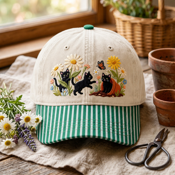 Black Cats Garden Daisies Butterfly Terracotta Pot Embroidered Gingham & Stripe Brim Hat