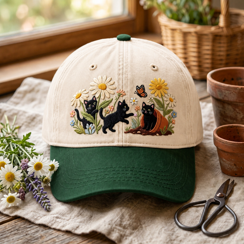 Black Cats Garden Daisies Butterfly Terracotta Pot Embroidered Two-Tone Hat