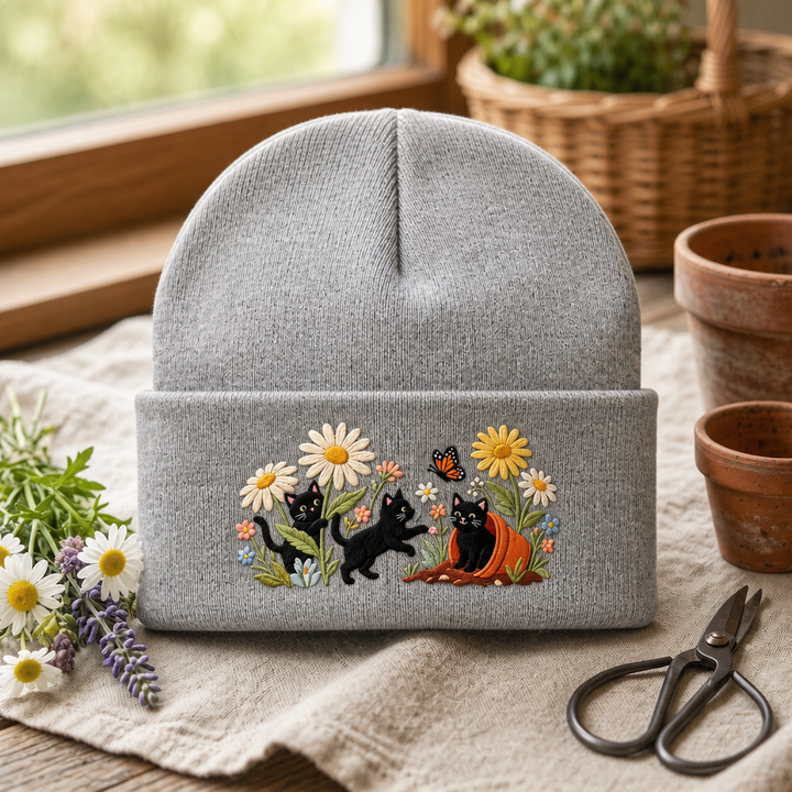 Black Cats Garden Daisies Butterfly Terracotta Pot Embroidered Beanie