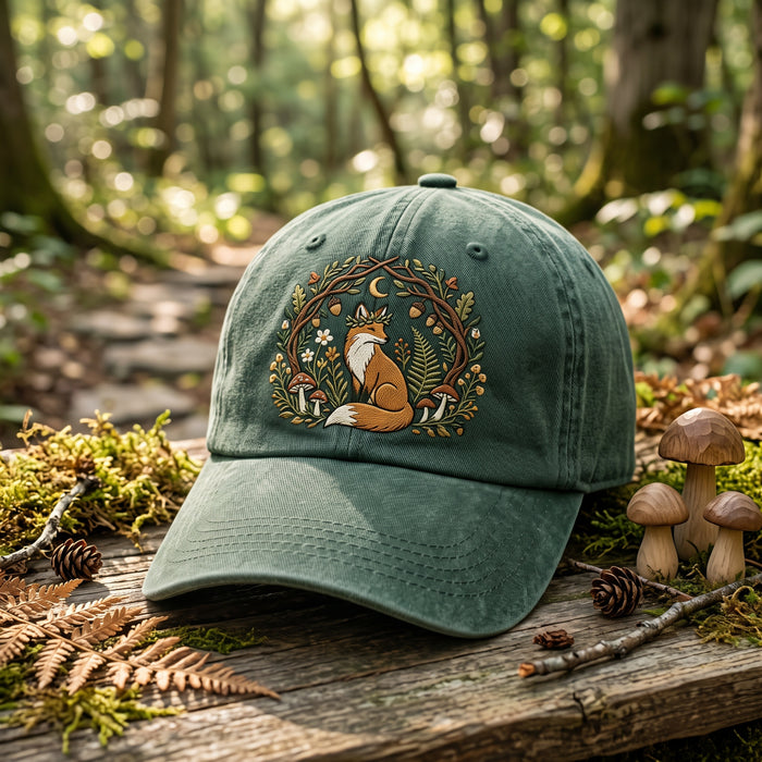 Cottagecore Fox Mushroom Floral Wreath Moon Forest Embroidered Hat