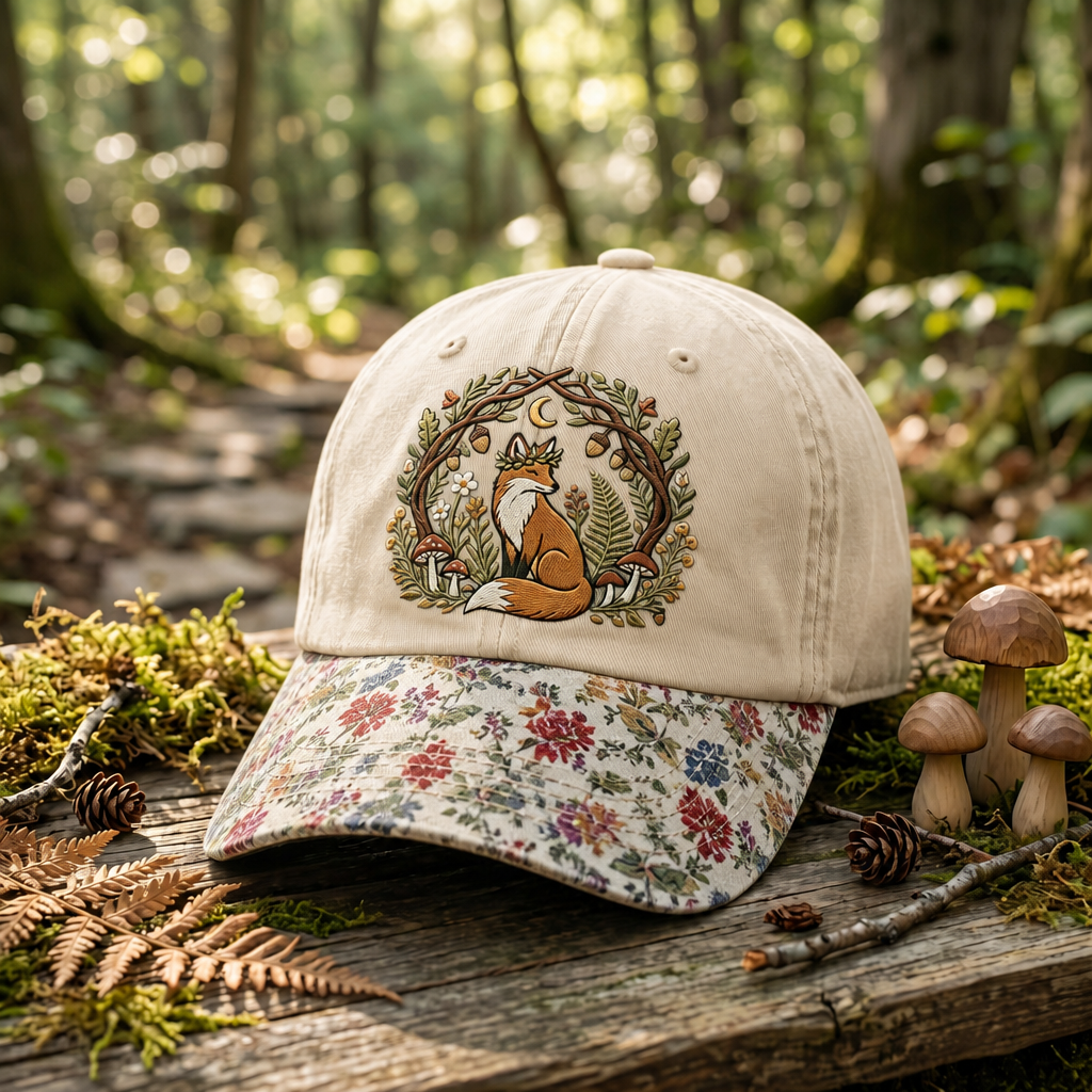 Cottagecore Fox Mushroom Floral Wreath Moon Forest Embroidered Floral & Leopard Brim Hat