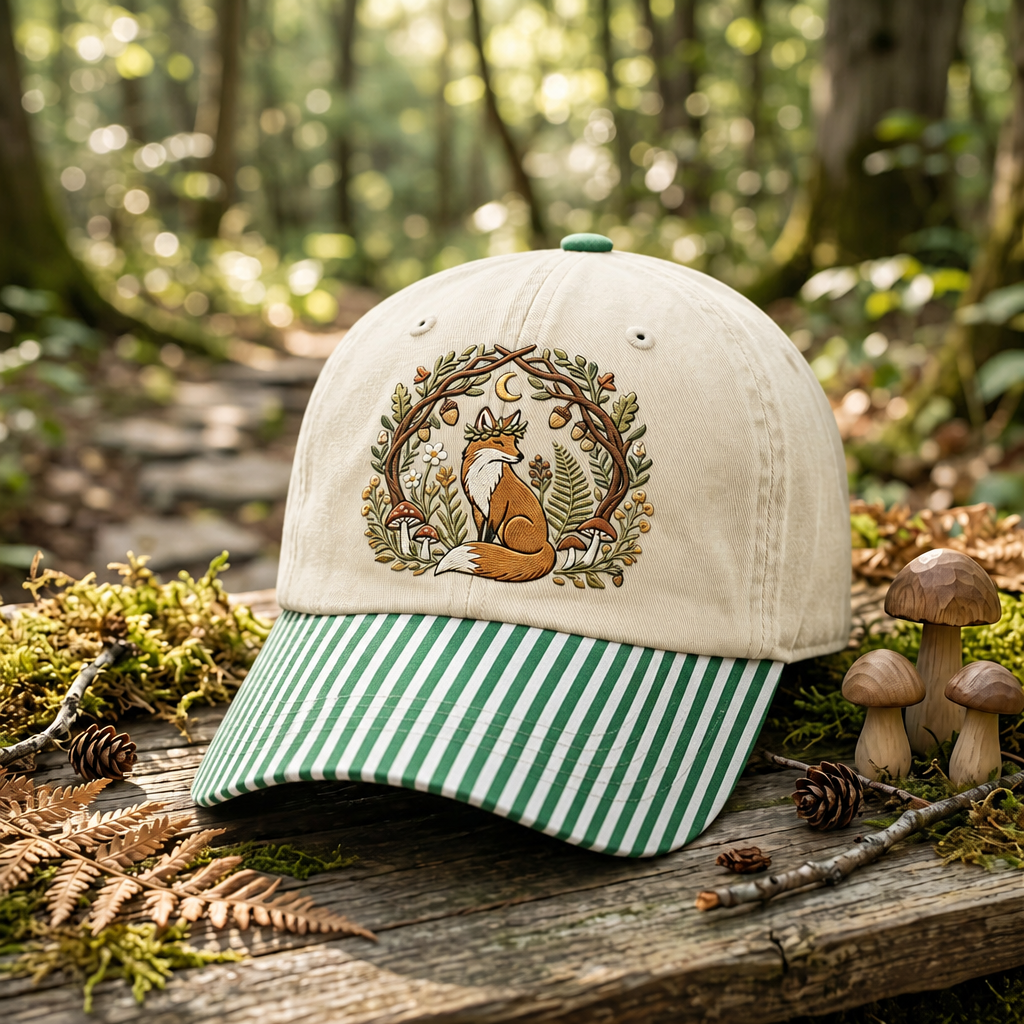 Cottagecore Fox Mushroom Floral Wreath Moon Forest Embroidered Gingham & Stripe Brim Hat