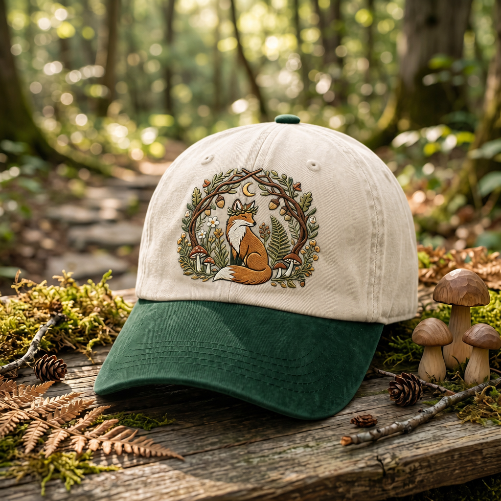 Cottagecore Fox Mushroom Floral Wreath Moon Forest Embroidered Two-Tone Hat