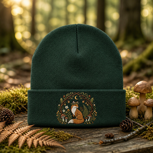 Cottagecore Fox Mushroom Floral Wreath Moon Forest Embroidered Beanie
