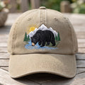 Black Bear Mountain River Wilderness Scene Embroidered Hat — Washed Hat