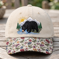 Black Bear Mountain River Wilderness Scene Embroidered Floral & Leopard Brim Hat