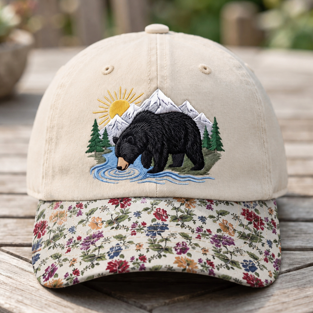 Black Bear Mountain River Wilderness Scene Embroidered Floral & Leopard Brim Hat