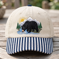 Black Bear Mountain River Wilderness Scene Embroidered Gingham & Stripe Brim Hat