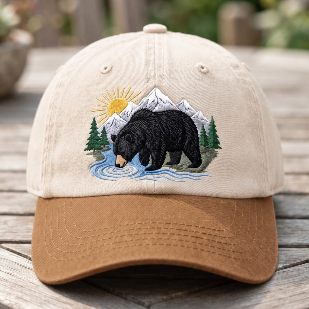 Black Bear Mountain River Wilderness Scene Embroidered Two-Tone Hat