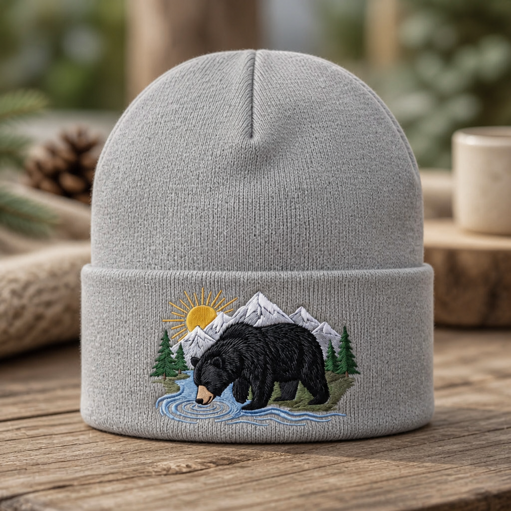 Black Bear Mountain River Wilderness Scene Embroidered Beanie