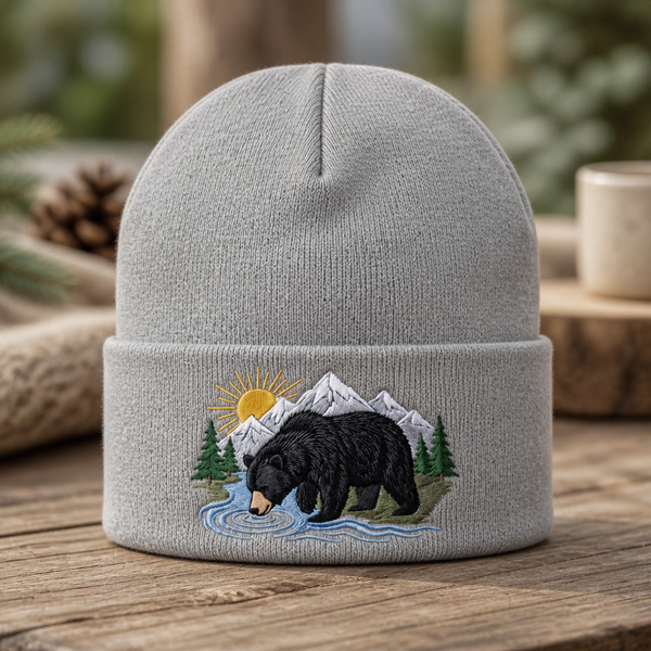 Black Bear Mountain River Wilderness Scene Embroidered Beanie