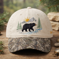 Personalized Black Bear Mountain Forest Scene Nature Embroidered Floral & Leopard Brim Hat