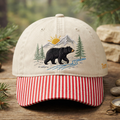 Personalized Black Bear Mountain Forest Scene Nature Embroidered Gingham & Stripe Brim Hat