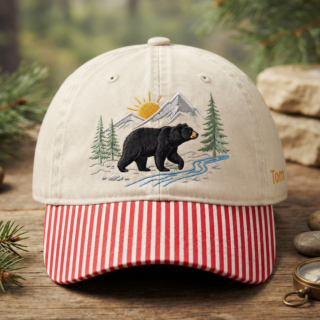 Personalized Black Bear Mountain Forest Scene Nature Embroidered Gingham & Stripe Brim Hat