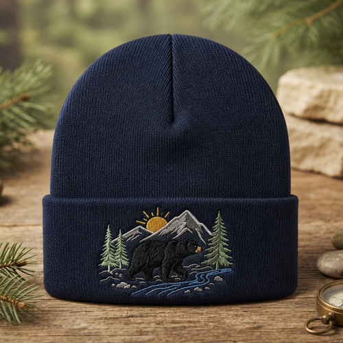Personalized Black Bear Mountain Forest Scene Nature Embroidered Beanie