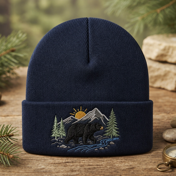 Personalized Black Bear Mountain Forest Scene Nature Embroidered Beanie
