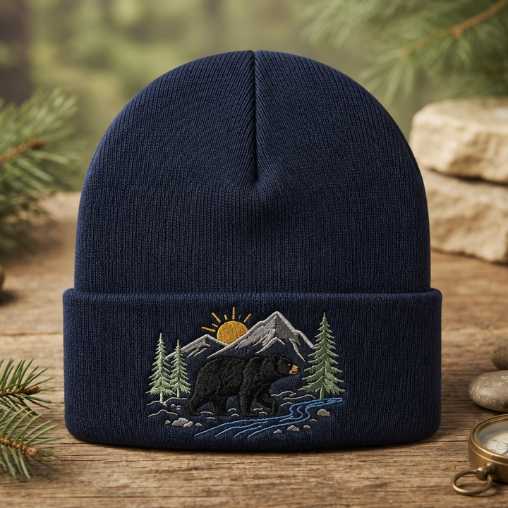 Personalized Black Bear Mountain Forest Scene Nature Embroidered Beanie