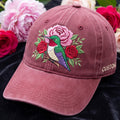 Personalized Hummingbird Roses Peony Floral Branch Embroidered Hat — Washed Hat